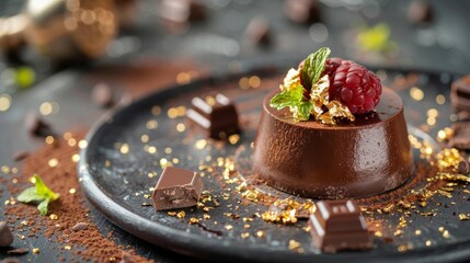 Gourmet chocolate dessert with gold leaf, elegant presentation on a dark plate, luxurious dining concept