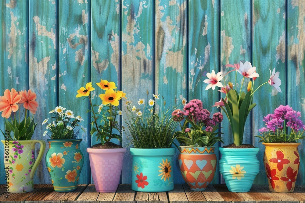 Aufkleber a row of colorful flower pots filled with vibrant blooms stand proudly against a weathered wooden fe