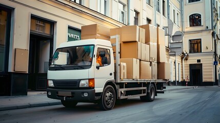 Fototapeta premium Truck full of carton boxes, shipping and delivery of goods 