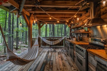 Fototapeta premium Rustic Cabin Kitchen with Hammock and Forest View