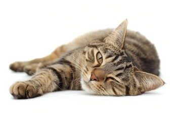 Laying Down Tabby Cat. Adorable and Cute Felino Paw Animal Isolated on White Background