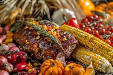 Fototapeta premium Native American Food. Autumn Celebration with Farm-fresh Corn and Beef Dinner