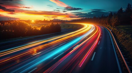 Fototapeta premium A highway at sunset featuring vibrant light trails from moving vehicles, highlighting the contrast between the technological speed of travel and the calmness of nature.