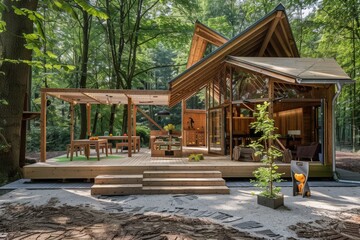 Naklejka premium Modern Wooden Cabin in a Forest Setting