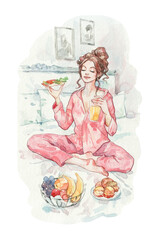 lazy weekend woman resting heaving meal at bed