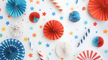 USA federal holiday banner design. Flat lay composition with American flag color paper fans and firework rockets on white background. Happy Independence day, Presidents Day, Labor day concept