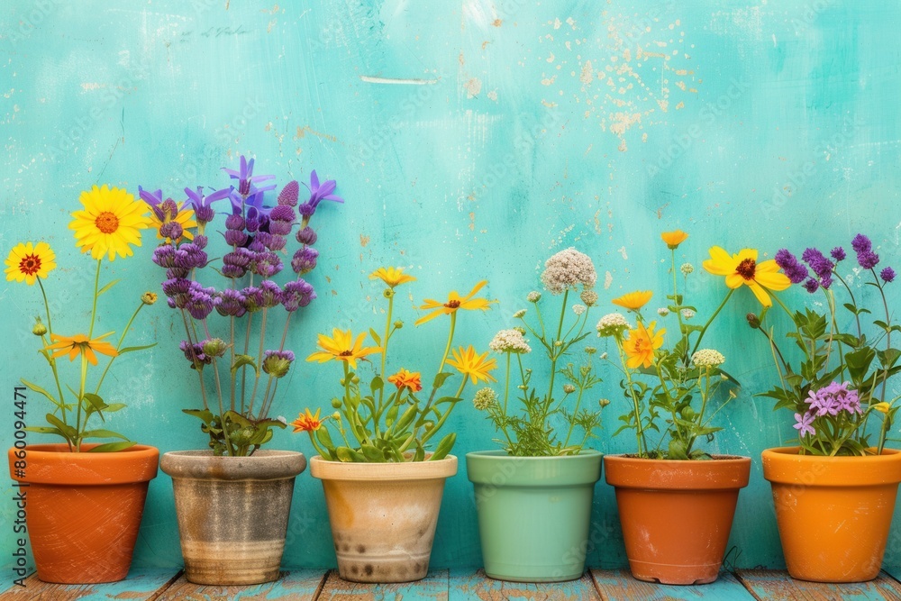 Poster a vibrant display of blooming flowers in decorative pots arranged in a row against a turquoise wall.