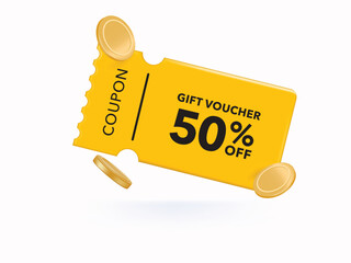 3D Gift voucher with yellow coupon. For sales and Discount online purchases. Percentage label with gold coin isolated background. 3d rendering.