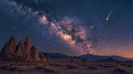 Night sky filled with twinkling stars, a clear view of the Milky Way arching over a serene landscape