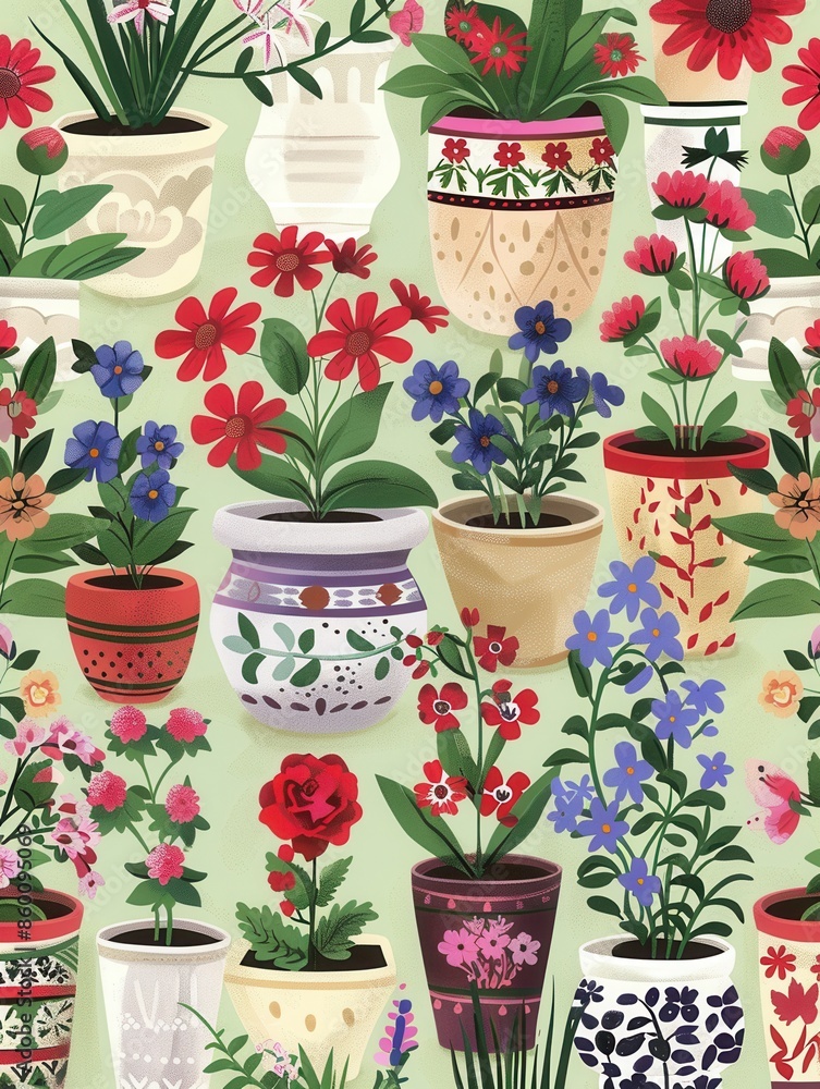 Aufkleber A vibrant array of potted flowers in various decorative containers, creating a cozy and welcoming atmosphere for a garden center or home decor store. Generative AI
