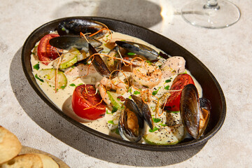 Delicious Seafood Sauté with Vegetables in Creamy Sauce Under Summer Sunlight