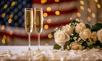 Two champagne flutes standing with white roses and an american flag