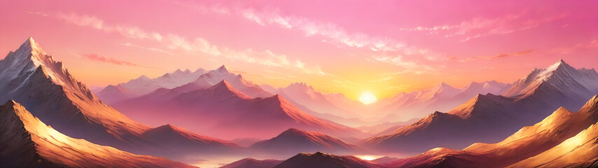 Fototapeta premium Fantasy panoramic sunset sky with rich gradients of gold and pink over a serene mountain range