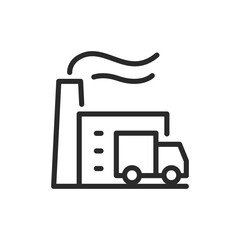 Factory with a truck, linear style icon. Factory with a truck, manufacturing or industrial operations. Editable stroke width.