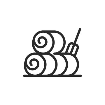 recommend clip art: Hay bales with pitchfork, linear style icon. Hay bales and a pitchfork, farm work and harvesting. Editable stroke width.