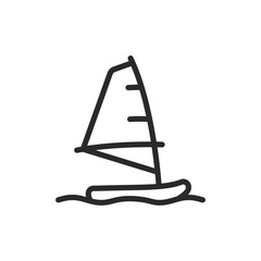 Windsurfing board, linear style icon. Sailboard for water sport. Editable stroke width