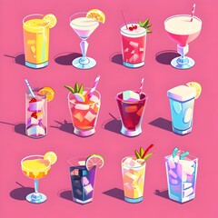 Colorful Isometric Pixel Art of Diverse Refreshing Cocktail and Beverage Drinks for Summer Party or