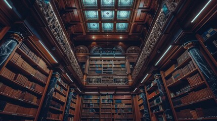 Ornate Library Interior with Bookshelves and Stained Glass Ceiling