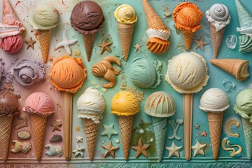 An assortment of colorful ice cream cones in various flavors placed artistically on a vibrant background with starfish and seashells.