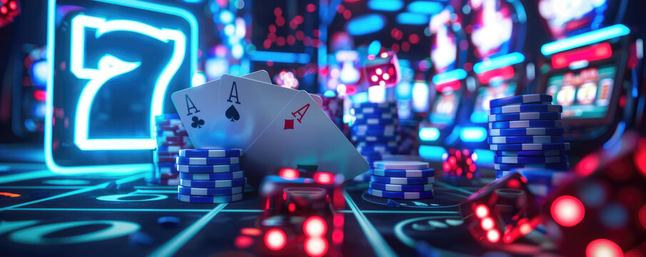 A vibrant and dynamic background featuring the iconic cards of playing poker, with neon lights illuminating their colors against an urban backdrop filled with casino elements like chips and dice