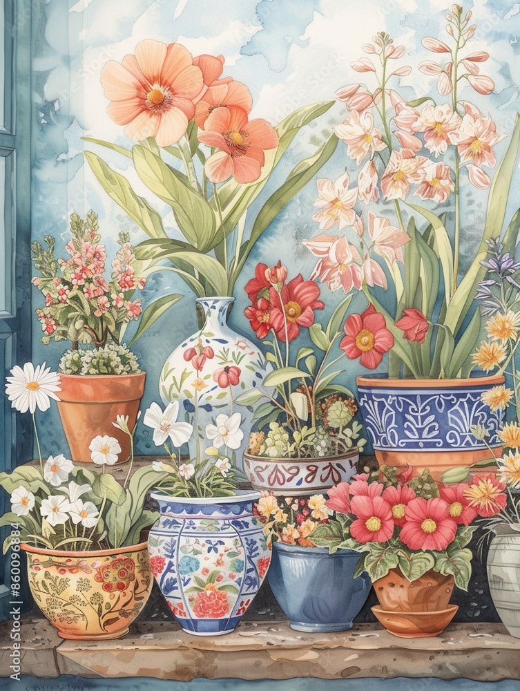 Poster a colorful display of flowers in decorative pots, showcasing a variety of species and styles. perfec