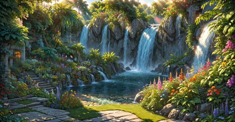 garden waterfall flowing river with flowers and tropical trees idyllic island paradise Eden landscape.
