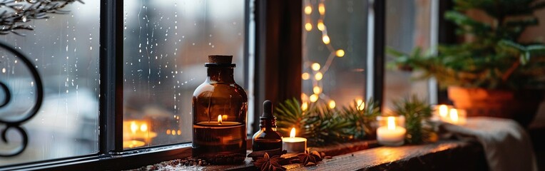 A warm, cozy winter scene featuring lit candles and amber bottles on a windowsill with raindrops on the window.