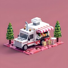 Fototapeta premium Cute Pixel Art 3D Isometric Food Truck on Vibrant Colored Background