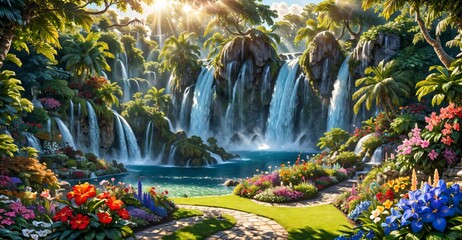 Obraz premium garden waterfall flowing river with flowers and tropical trees idyllic island paradise Eden landscape.