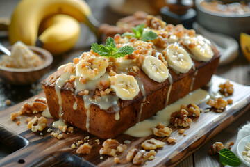A gourmet banana bread dish with additional toppings and flavors