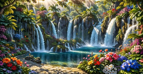 Naklejka premium garden waterfall flowing river with flowers and tropical trees idyllic island paradise Eden landscape.