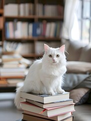 white cat sitting on a pile of books on blurry living room background