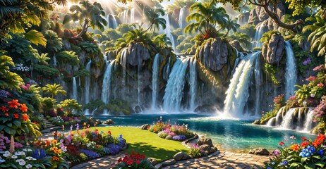 garden waterfall flowing river with flowers and tropical trees idyllic island paradise Eden landscape.