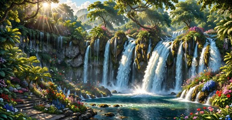 garden waterfall flowing river with flowers and tropical trees idyllic island paradise Eden landscape.