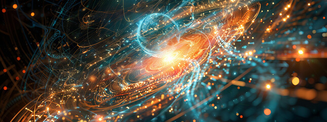 Fototapeta premium Conceptualize the intersection of quantum mechanics and general relativity in a vector diagram, exploring the idea of quantum gravity. Depict interconnected lines or nodes symbolizing entangled partic