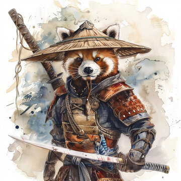 watercolor illustration the rad panda is Chinese warrior