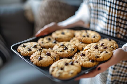 Fresh Cookies. Woman displaying a tray of cookies at home, part of her homelike lifestyle