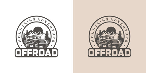 Vintage Jeep Adventure Logo Design and Mountain View Illustration. © ngalong project