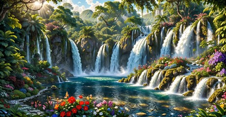 garden waterfall flowing river with flowers and tropical trees idyllic island paradise Eden landscape.