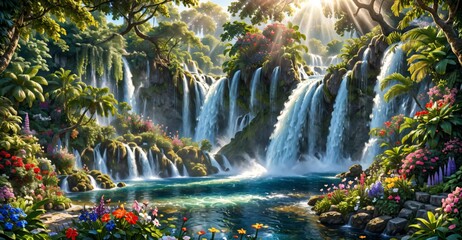 garden waterfall flowing river with flowers and tropical trees idyllic island paradise Eden landscape.