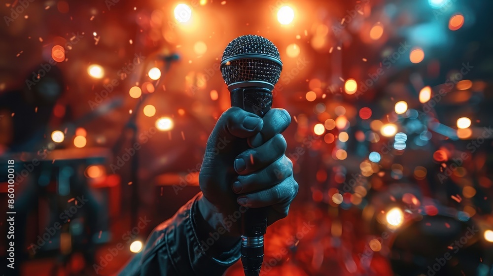 Poster hand holding a microphone with bright lights and bokeh in the background, capturing the essence of l