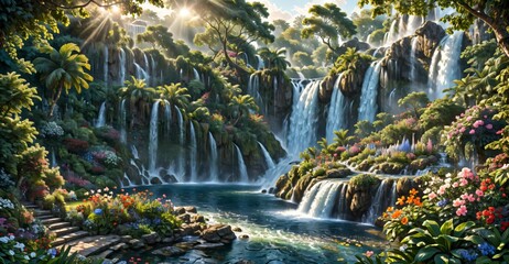 garden waterfall flowing river with flowers and tropical trees idyllic island paradise Eden landscape.