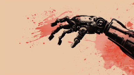 Fototapeta premium Metallic Hand Reaching Out with Red Splatter