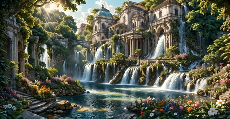 A beautiful paradise building land full of flowers, rivers and waterfalls, a blooming and magical idyllic Eden garden. Mountain ancient baroque architecture.