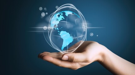 World Humanitarian Day, concept miniature planet in blue glow, dark background. AI generated.