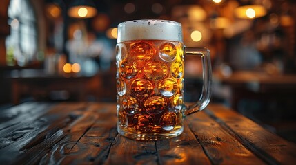 A captivating indoor image of an amber beer mug with a frothy head on a wooden table. Subtle warm lights create an inviting and relaxed atmosphere, emphasizing hospitality.