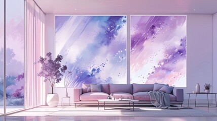Serene Lavender Living Room with Abstract Wall Art