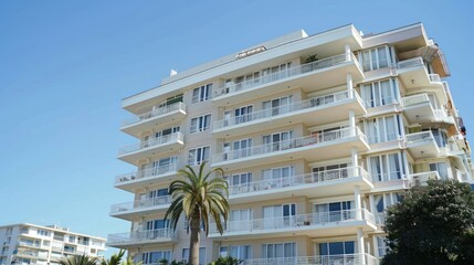 Obraz premium Modern Apartment Building with Palm Tree and Blue Sky