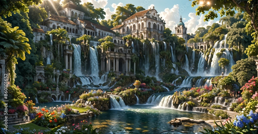 Wall mural A beautiful paradise building land full of flowers, rivers and waterfalls, a blooming and magical idyllic Eden garden. Mountain ancient baroque architecture.