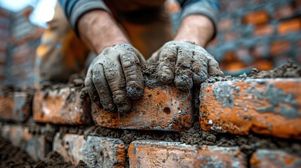 A close-up image of a construction worker's hands in gloves, carefully placing bricks in a wall with grey mortar, depicting manual labor and craftsmanship in masonry work.